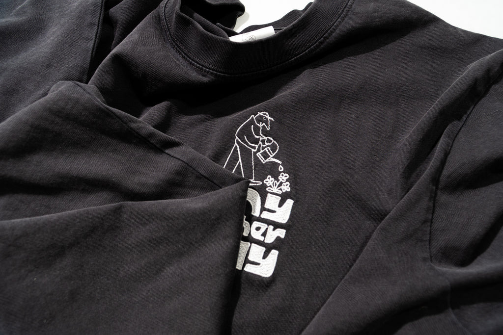 AnyOtherTee No.1 100% organic cotton in vintage black wash with DTG print and embroidered logo
