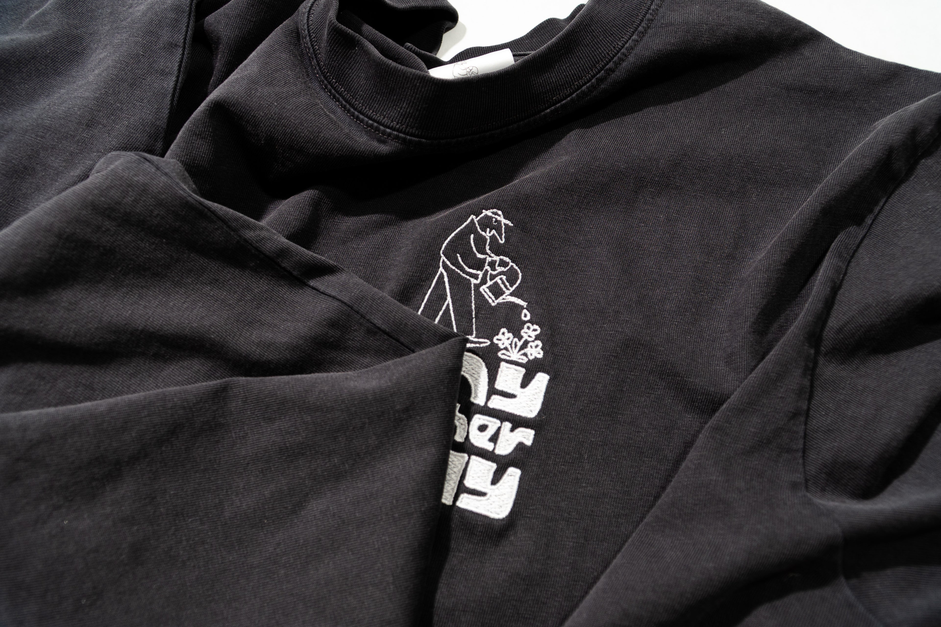 AnyOtherTee No.1 100% organic cotton in vintage black wash with DTG print and embroidered logo