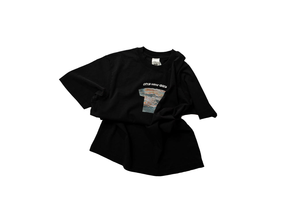 AnyOtherTee No.1 100% organic cotton in vintage black wash with DTG print and embroidered text and logo