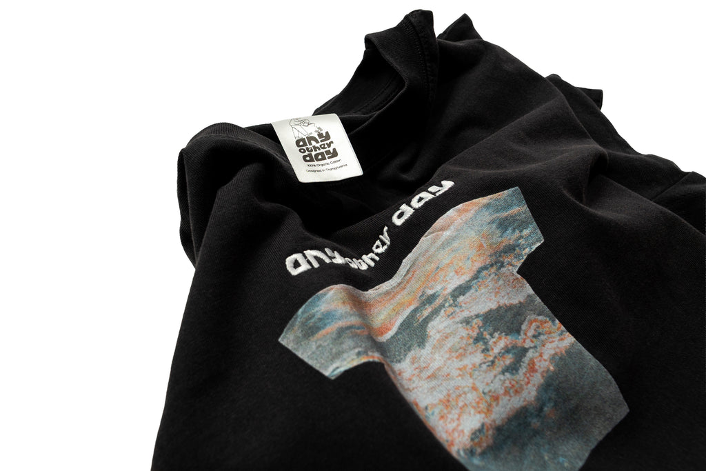 AnyOtherTee No.1 100% organic cotton in vintage black wash with DTG print and embroidered text and logo