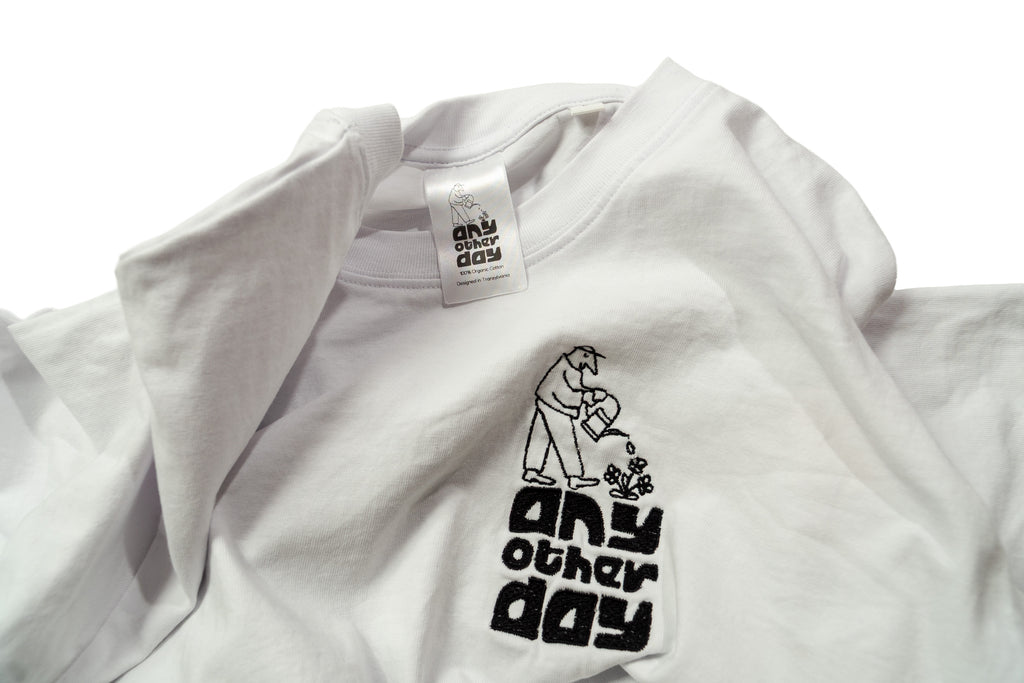 AnyOtherTee No.1 100% organic cotton in white with DTG print and embroidered logo
